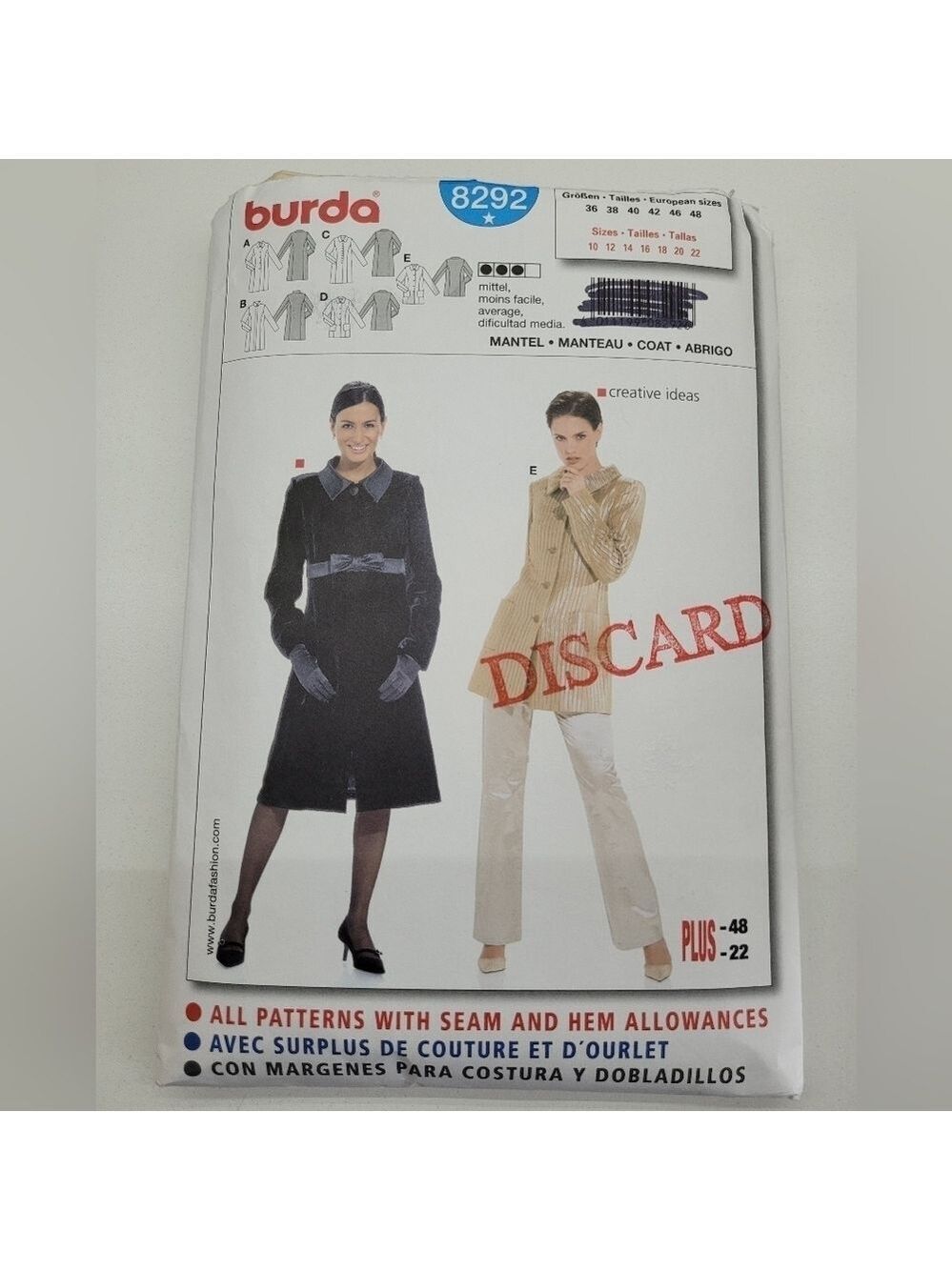 ✨4/$20✨ Burda 8292 Jacket Sewing Pattern Uncut Size 10-22